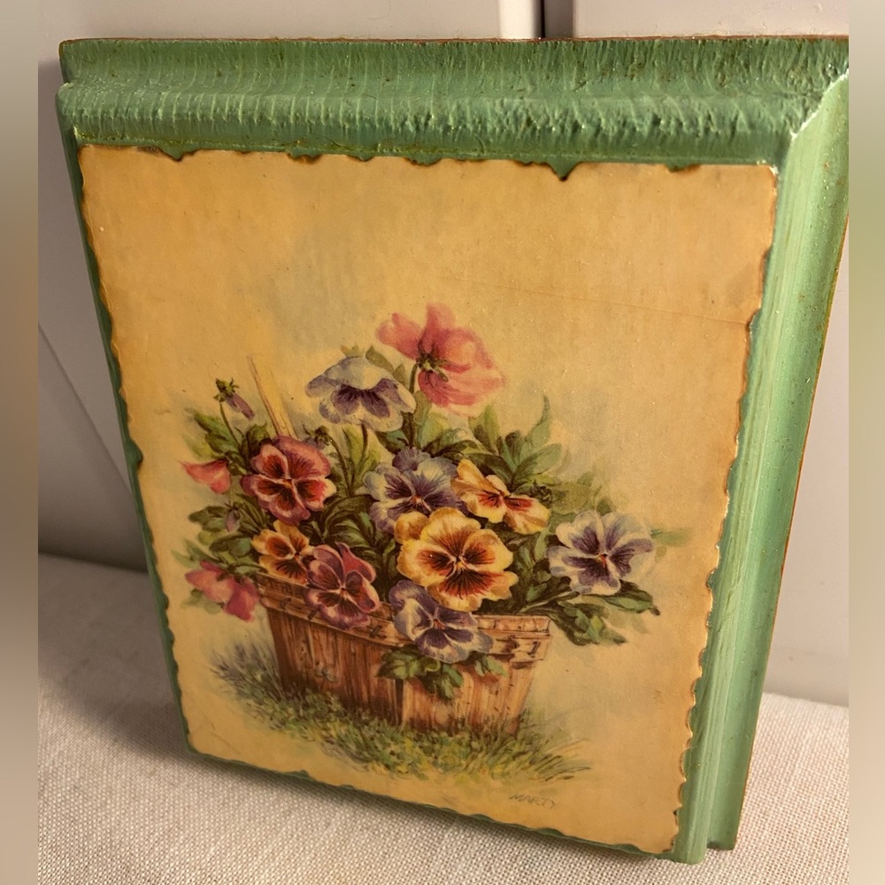 Vintage flower art wood wall hanging  ppansy flower basket card painted MCM 70s - Picture 4 of 16